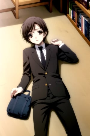 Highly detailed, High Quality, Masterpiece, beautiful,
BREAK 1boy, (solo:1.5), (young man), (16 old), yuu ashikaga uniform, short hair, brown hair, (male focus, male chest),  (brown eyes:1.5), look of shame,
BREAK school library interior, desk, chairs, books on the desk,
BREAK long sleeves, school uniform, necktie, bag, formal, suit, black dress pants, black shoes, black jacket, white shirt peeking out,
BREAK looking_down, (focus face), (boy lying on the floor next to several books and chairs lying near him:1.5),