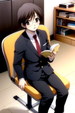 Highly detailed, High Quality, Masterpiece, beautiful,
BREAK 1boy, (solo:1.5), (young man), (16 old), yuu ashikaga uniform, short hair, brown hair, (male focus, male chest),  (brown eyes:1.5), glasses, 
BREAK school library interior, desk, chairs, books on the desk,
BREAK long sleeves, school uniform, necktie, bag, formal, suit, black dress pants, black shoes, black jacket, white shirt peeking out,
BREAK looking_down, (focus waist), (sitting in a chair in front of a desk with a book open in front of him:1.8),