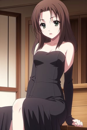HD, 8k, highres, mantialiasing, Highly detailed, High Quality, masterpiece, beautiful, 1girl, solo, (feminine focus, madure woman, 32 years old), kumi mori, (brown hair, green eyes:1.5), medium hair,
BREAK ((black dress:1.5)), (long dress, side slit, strapless dress, bare shoulders, jewelry, long gloves, lipstick), 
BREAK indoors, restaurant, back windows showing a sunset, sitting in a chair, tables,
BREAK looking at viewer, sitting, from_front, front_view, 
BREAK (masterpiece:1.2), best quality, high resolution, unity 8k wallpaper, (illustration:0.8), (beautiful detailed eyes:1.6), extremely detailed face, perfect lighting, extremely detailed CG, (perfect hands, perfect anatomy), 