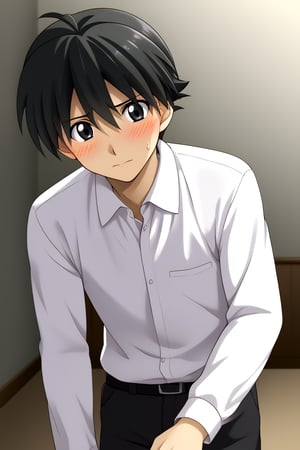 HD, 8k, highres, mantialiasing, Highly detailed, High Quality, masterpiece, beautiful, source_anime, 
BREAK 1boy, male focus, 16 years old, itou makoto, black hair, black eyes, short hair, ((white shirt)), black pants, embarrassed face, blushing,
BREAK room ceiling,  dark environment,
BREAK front, Standing, Front view, looking SIDE, solo focus,  reaching towards viewer, kabedon on viewer,