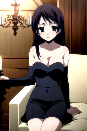 Highly detailed, High Quality, masterpiece, beautiful,
BREAK 1girl, solo, (young woman, 16 years old), roka kitsuregawa, (long hair), purple hair, blue eyes,
BREAK (bare shoulders, black dress, black sleeves, neckline), (medium breasts), 
BREAK (background of a luxurious restaurant, chandelier:1.5),
BREAK looking_at_viewer, sit, focus breasts, sitting in an elegant chair in front of a table with candles, 