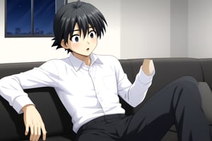 HD, 8k, highres, mantialiasing, Highly detailed, High Quality, masterpiece, beautiful, source_anime, 
BREAK 1boy, male focus, 16 years old, itou makoto, black hair, black eyes, short hair, ((white shirt)), black pants, surprised face,
BREAK inside living room, window, glass, couch, night, dark environment,
BREAK front, sitting, Front view, looking SIDE, solo focus, 