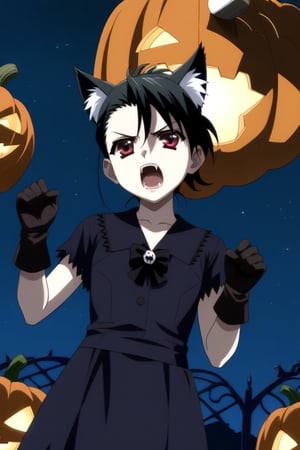 HD, 8k, highres, mantialiasing, Highly detailed, High Quality, masterpiece, beautiful, source_anime,
BREAK pumpkin patch, night, dark environment, moonlit sky, flying bats, halloween magic, starry night,  jack-o’-lanterns,
BREAK 1girl, solo, (madure woman, 30 years old), Mai Kiyoura, short hair, black hair, red eyes, flat chest,
BREAK werewolf, furry, fangs, animal ears, gloves, angry, teeth, animal ear fluff, open mouth, cowboy shot, dutch_angle