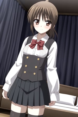 HD, 8k, highres, mantialiasing, Highly detailed, High Quality, masterpiece, beautiful, source_anime, 1girl, solo, (feminine focus, young woman, 16 years old), Otome Katou, brown hair, brown eyes, medium hair, ponytail, ((tiny_breasts)), school uniform, ((shirt sleeves:1.5)), (long sleeves, white sleeves), ((black vest)), pleated skirt, ((black skirt, waist-length skirt:1.2)), thighhighs, black thighhighs, zettai ryouiki, ((dark environment)), curtains, room, bed, cowboy shot, dutch angle,