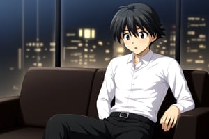 HD, 8k, highres, mantialiasing, Highly detailed, High Quality, masterpiece, beautiful, source_anime, 
BREAK 1boy, male focus, 16 years old, itou makoto, black hair, black eyes, short hair, ((white shirt)), black pants, surprised face,
BREAK inside living room, window, glass, couch, night, dark environment,
BREAK front, sitting, Front view, looking SIDE, solo focus, 