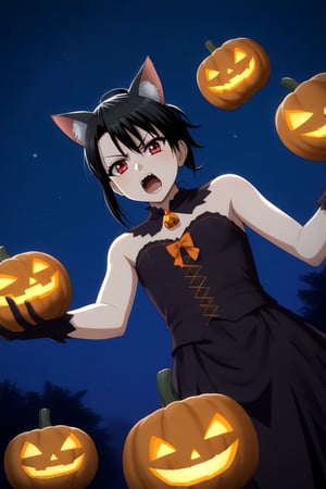 HD, 8k, highres, mantialiasing, Highly detailed, High Quality, masterpiece, beautiful, source_anime,
BREAK pumpkin patch, night, dark environment, moonlit sky, flying bats, halloween magic, starry night,  jack-o’-lanterns,
BREAK 1girl, solo, (madure woman, 30 years old), Mai Kiyoura, short hair, black hair, red eyes, flat chest,
BREAK werewolf, furry, fangs, animal ears, gloves, angry, teeth, animal ear fluff, open mouth, cowboy shot, dutch_angle