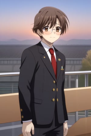 HD, 8k, highres, mantialiasing, Highly detailed, High Quality, masterpiece, beautiful, source_anime, 
BREAK 1boy, solo, male focus, yuuki ashikaga, brown hair, Brown eyes, ((short hair)), (nervous look:1.5), 
BREAK school uniform, shirt, pants, black jacket, red tie, black pants, long pants, glasses,
BREAK train station, sunset, outside
BREAK front view, standing, Upper body, From SIDE,