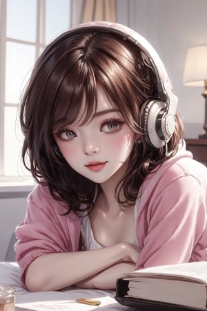 Best picture quality, high resolution, 8k, realistic, sharp focus, realistic image of elegant lady, Korean beauty, supermodel, female with short hair, brown hair with side bangs, wearing colorful hoodie, night, in dimly lit room, includes desk, bed, floor-to-ceiling window, curtains, open book, computer screen on, cute patterned pillow and comforter, plush animal toys, light filtering through window, wearing cute full-coverage headphones, cellphone, lying on bed, stretching, full body, one eye closed, Sigh, (high quality:1.0) (white background:0.8), detailed face, (blush:0.8), 1 girl,Young beauty spirit, ZGirl, perfect light, Detailedface,1 girl, big eyes, eye shadow ,SharpEyess, 
,perfecteyes eyes ,Smirk,Detailedface, perfect light,ZGirl,photo of perfecteyes eyes,nodf_lora,DonMSn0wM4g1c,yofukashi background,portrait,wrenchsmechs,ASU1
