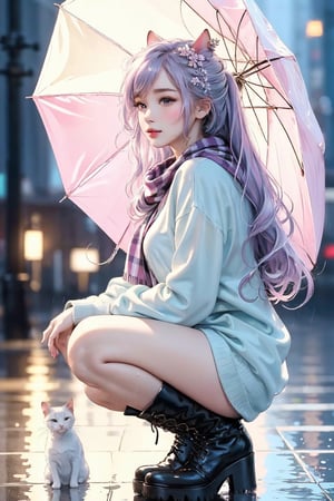 (((from the side))), (((masterpiece))), (((best quality))), Best picture quality, high resolution, 8k, realistic, sharp focus, realistic image of elegant lady, Korean beauty, supermodel, girl with cat, light purple hair, long hair, tiffany blue long-sleeved sweater, colorful, checkered scarf, Platform boots, black stockings, holding umbrella, squatting gracefully, shoulder bag, side view, Looking forward, Looking down, Smirk, Reaching forward with hand, (high quality:1.0) (white background:0.8), detailed face, 
(((blush:1.0))), (((wet body:1.2))), Panoramic, Depth of field, Nighttime, Streetscape, Lights, Streetlights, rain, Full body, Stroke the cat, perfect light, 1 girl 