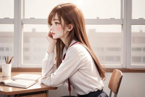 Best picture quality, high resolution, 8k, realistic, sharp focus, realistic image of elegant lady, Korean beauty, supermodel, girl, light brown hair, long straight hair, straight bangs, student, long sleeves sailor-style school uniform, sleeveless sweater vest, pleated skirt, evening, sunset, sunlight dappling, window, desk, pencil, textbook, sitting on chair, contemplating, looking forward, sleepy, looking up, side view, window reflection, bird, full body, profile, 
 (high quality:1.0) (white background:0.8), detailed face, (blush:1.0), 1 girl,Young beauty spirit, ZGirl,masterpiece,perfect light,mecha,Detailedface,1 girl, big eyes, eye shadow ,SharpEyess, 
,perfecteyes eyes ,Smirk,Detailedface,mecha,perfect light,ZGirl