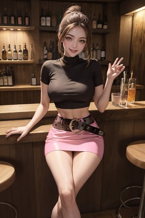 masterpiece, best quality, absurdres, perfect anatomy, 1girl, solo, brown hair, ponytail, amber eyes, Belted Skirt, pink skirt, microskirt, crop top, underboob, arm_raised, smile, indoors, bar, crossed_legs_(sitting),pov below, Belted Skirt