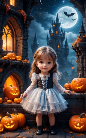 A little girl with magical powers. The little girl is preparing her future castle, which will allow her to perform wonderful magic. Halloween, blackened effect, exquisite details, 8k masterpiece, super delicate, beautiful and magical