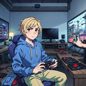 1boy, solo-male, blonde, short hair, brown eyes, gamer boy, hoody, cargo pants, console, controller, computer, videogames, dark room,itachiuchiapictureonwall, bedrrom, gameroom concept, seriouslook,Pakistanimaponbackwall,lookatthecamera,rich,pakistani