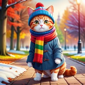 "Red Cliff", perfect composition, perfect composition, creative poster, cute, (cat in the park), (cat in winter coat), (standing like a human), cute hat, scarf, (wearing human clothes), (Best Quality: 1.2), (Ultra Detailed), (Realism: 1.37), (HDR), (Vivid Colors), (Portrait of a), (Warm Bright Tones), (Soft Diffuse Lighting) , full body, rainbow style