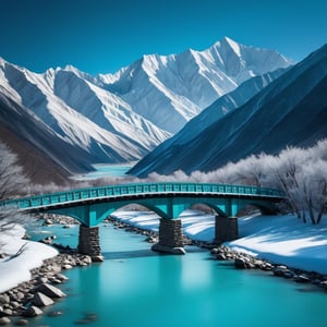 a bridge over river with snow mountains in the background, in the style of light turquoise and dark cyan, dansaekhwa, iso 200, grandiose environments, gongbi, nature studies, high resolution