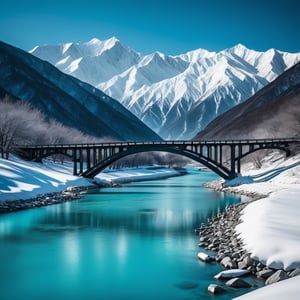 a bridge over river with snow mountains in the background, in the style of light turquoise and dark cyan, dansaekhwa, iso 200, grandiose environments, gongbi, nature studies, high resolution