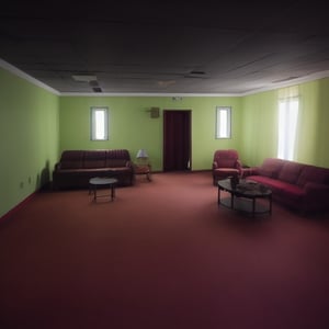 Liminal space, creepy room, strange daed furniture, dynamic lighting 