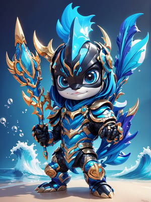 digital drawing of chibi cyber Orcinus orca with armor, have sharp blue eyes , maximalist detailing, colorful, vibrant,holding a Neptune's trident