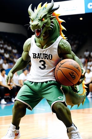 large green dragon, breathing fire from its mouth, detailed eyes, detailed full body, looking at fans, wearing a white sleeveless t-shirt with the word "BAURU" printed on it, wearing shorts and basketball shoes. The dragon is jumping holding a basketball in shooting position. He is in a basketball arena full of fans, the Ginasio Panela de Pressão, in Bauru.,Anime ,hentai,pturbo ,,qxcocxcr cosplay