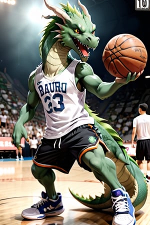 large green dragon, breathing fire from its mouth, detailed eyes, detailed full body, looking at fans, wearing a white sleeveless t-shirt with the word "BAURU" printed on it, wearing shorts and basketball shoes. The dragon is jumping holding a basketball in shooting position. He is in a basketball arena full of fans, the Ginasio Panela de Pressão, in Bauru.,Anime ,hentai