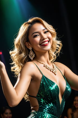 ((black background)),A sexy Asian beauty wearing a sparkly backless evening gown.(8K, NFFSW, highest quality,Masterpiece, (masterpiece:1.4), highres, perfect glamorous body, Super detailed, perfect beauty, blonde wavy hair), (Detailed skin: 1.4),(makeup: 1.3), (lipstick: 1.1), (eyeliner: 1.2),1 girl ,dancer ,blonde hair ,green eyes ,happy ,full body ,a graceful figure, Gorgeous necklace on neck, Latin,Salsa,Bachata,Merengue,Cumbia,Kizomba,dance,woman,Hot Dance,Party, ((dancing)), skirt dancing with hands spread air, smiling broadly as enjoying music with raise hands up carefree enjoying party carefree expression, long flowy hair, finely detailed dangling earrings, depth of field,tall girl,looking_at_viewer. detailed skin,Raise hands above head or in front of chest,Perfect Hands,more detail XL