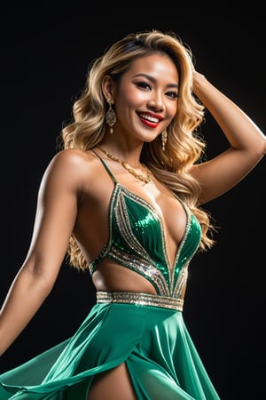 ((black background)),A sexy Asian beauty wearing a sparkly backless evening gown.(8K, NFFSW, highest quality,Masterpiece, (masterpiece:1.4), highres, perfect glamorous body, Super detailed, perfect beauty, blonde wavy hair), (Detailed skin: 1.4),(makeup: 1.3), (lipstick: 1.1), (eyeliner: 1.2),1 girl ,dancer ,blonde hair ,green eyes ,happy ,full body ,a graceful figure, Gorgeous necklace on neck, Latin,Salsa,Bachata,Merengue,Cumbia,Kizomba,dance,woman,Hot Dance,Party, ((dancing)), skirt dancing with hands spread air, smiling broadly as enjoying music with raise hands up carefree enjoying party carefree expression, long flowy hair, finely detailed dangling earrings, depth of field,tall girl,looking_at_viewer. detailed skin,Raise hands above head or in front of chest,Perfect Hands,more detail XL