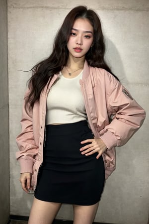 1girl, solo, korean, wavy hair, medium breast, eye makeup, pink lips, bomber jacket and skirt, up to knees, watching movie, glossy lips