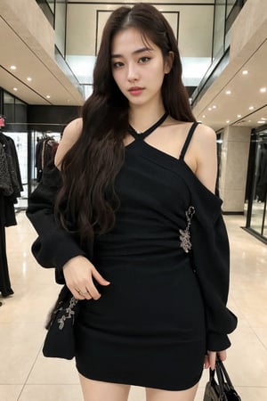 1girl, solo, korean, wavy hair, black openwork body-hugging dress, up to knees, mall, posing, glossy lips, realistic, perfect hand, perfect fingers, perfect