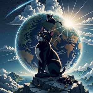 The cat is playing with the Earth, Hayao Miyazaki's style,rayearth,universe,<lora:659111690174031528:1.0>