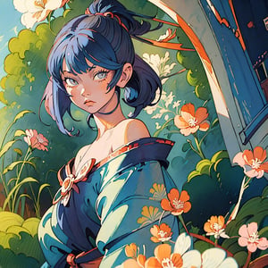 (watercolor_medium), ((ukiyoe style)), ((((masterpiece)))), (((best quality))), (illustration),(1girl:1.5),(solo:1.5), ((an extremely delicate and beautiful)), ((little girl)) , cute, ((hime_cut)), side blunt bangs,(ultramarine hair:1.2), hairs between eyes, ribbons, Bracelet , bare shoulders,((japanese_clothes)), sakura, ((slit pupils)), ((miko)), (off_shoulder), ace