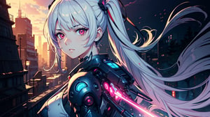 masterpiece, best quality, illustration,1 girl, bust_portrait, beautiful detailed eyes,realistic skin texture,colorful background,mechanical prosthesis,mecha coverage,emerging dark purple across with white hair,pig tails,disheveled hair,fluorescent purple,cool movement,rose red eyes,beatiful detailed cyberpunk city,multicolored hair,beautiful detailed glow,expressionless,cold expression,insanity, long bangs,long hair, lace,dynamic composition, motion, ultra - detailed, incredibly detailed, a lot of details, amazing fine details and brush strokes, smooth, hd semirealistic anime cg concept art digital painting,Realism