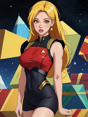 masterpiece, best quality, illustration, Jeri Ryan, solo, cute, beauty, makeup, yellow hair, big_breasts, star trek, tight uniform(red color), Christmas, holiday,
