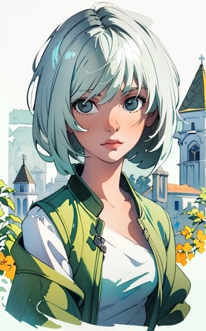 (watercolor_medium), ((((masterpiece)))), (((best quality))), a young girl, solo, hyper detail face, cute, bare shoulder, dark green jacket, average_breasts, (((white color short hair))), black dog, cityscape