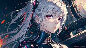 masterpiece, best quality, illustration, beautiful detailed eyes,realistic skin texture,colorful background,mechanical prosthesis,mecha coverage,emerging dark purple across with white hair,pig tails,disheveled hair,fluorescent purple,cool movement,rose red eyes,beatiful detailed cyberpunk city,multicolored hair,beautiful detailed glow,1 girl, expressionless,cold expression,insanity, long bangs,long hair, lace,dynamic composition, motion, ultra - detailed, incredibly detailed, a lot of details, amazing fine details and brush strokes, smooth, hd semirealistic anime cg concept art digital painting,Realism,Portrait,