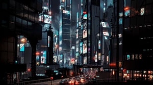 Highway through City, skyscrapers, midnight, cyberpunk, high_resolution, 8k, Science fiction, comic, 