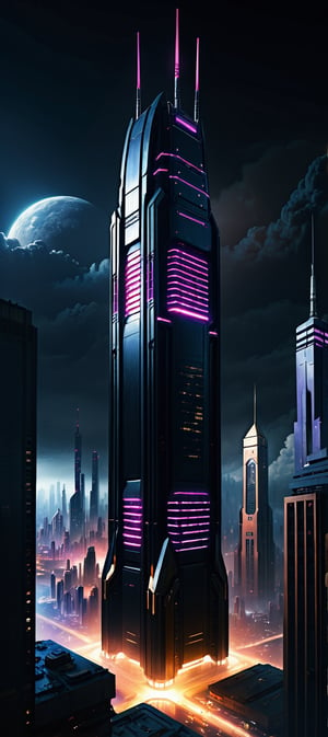 Dark Skyscraper towering above SciFi cityscape, Cyberpunk, (midnight:1.4), realistic, cinematic lighting, 