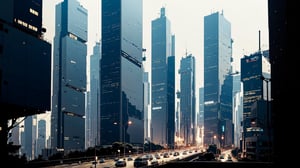 Highway through City, skyscrapers, midnight, high_resolution, 8k, Science fiction, comic, cartoon, vector