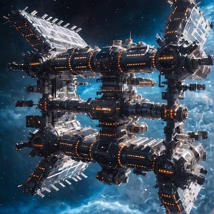 massive space station composed of many connected modules, outer space, high_resolution, 8k, Science fiction, cyberpunk, galaxy, space background,
