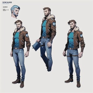 multiple_views, model sheet, reference_sheet, more_than_one_pose, sole_male, (light_blue_eyes), very short hair, brown_hair, beard, stubble, stocky build, manly, brown leather bomber jacket with fur-lining, grey long_sleeve shirt, blue_jeans, sci_fi scabbard, (white_background:1.4), high_resolution, masterpiece, detailed face, sharp focus, comicbook, lineart,cyberpunk,toddmac2023