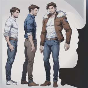 multiple_views, model sheet, reference_sheet, sole_male, toddmac2023, light_blue_eyes, short-hair, brown_hair, stubble, dad_bod, manly, brown leather bomber jacket with fur-lining, grey long_sleeve shirt, blue_jeans, (white_background:1.5), 