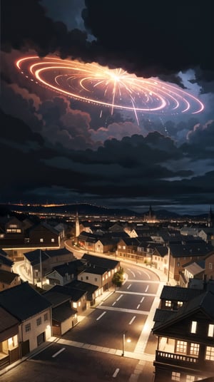 Burning circle in sky above Medieval city at night, fantasy, magic, ((Dark, Black, Red, Orange)), cloudy_sky, storm clouds, nighttime, midnight, digital_artwork, digital_painting, extreme low-angle_shot, cobblestone road, 