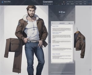 multiple_views, model sheet, sole_male, toddmac2023, light_blue_eyes, very short hair, brown_hair, beard, stubble, stocky build, manly, brown leather bomber jacket with fur-lining, grey long_sleeve shirt, blue_jeans, (white_background:1.4), high_resolution, masterpiece, detailed face, sharp focus