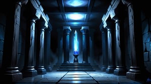 Dark underground crypt lit with blue torches, black obsidian walls, (black crystal obsidian:2), fantasy, digital_painting, shadows, dust, cobwebs, columns