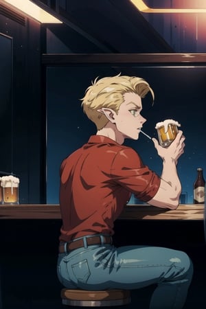 sole_male, blond_hair, slicked_back_hair, green_eyes, elf_ears, red_shirt, blue_jeans, sitting on barstool drinking beer in cyberpunk bar, side_view,