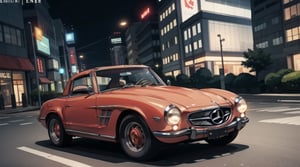 (Red:1.4), 300SL Mercedes-Benz, car, driving high speed through city streets, speed_lines, midnight