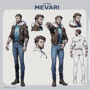 multiple_views, model sheet, reference_sheet, more_than_one_pose, sole_male, (light_blue_eyes), very short hair, brown_hair, beard, stubble, stocky build, manly, brown leather bomber jacket with fur-lining, grey long_sleeve shirt, blue_jeans, (white_background:1.4), high_resolution, masterpiece, detailed face, sharp focus, comicbook, lineart,cyberpunk