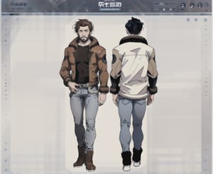 multiple_views, model sheet, reference_sheet, sole_male, toddmac2023, light_blue_eyes, very short hair, brown_hair, beard, stubble, stocky build, manly, brown leather bomber jacket with fur-lining, grey long_sleeve shirt, blue_jeans, (white_background:1.4), high_resolution, masterpiece, detailed face, sharp focus