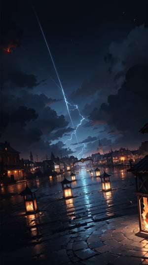 (Burning circle in sky above Medieval city at night, fantasy), magic, ((Dark, Black, Blue, Cyan)), cloudy_sky, storm clouds, nighttime, midnight, digital_artwork, digital_painting, (extreme low-angle_shot, cobblestone road), 