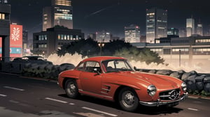 (Red:1.5), 300SL Mercedes-Benz, driving high speed on street, cityscape, cyberpunk, highrise buildings, speed_lines, (midnight:1.2), ,car, 