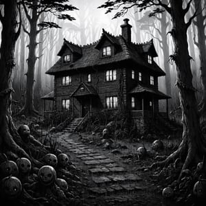 Cottage in woods, dense forest, (dark:2), qzhorror theme, terrifyingperspective, JunjiIto_qz, huge and terrifying, (monochome:2),